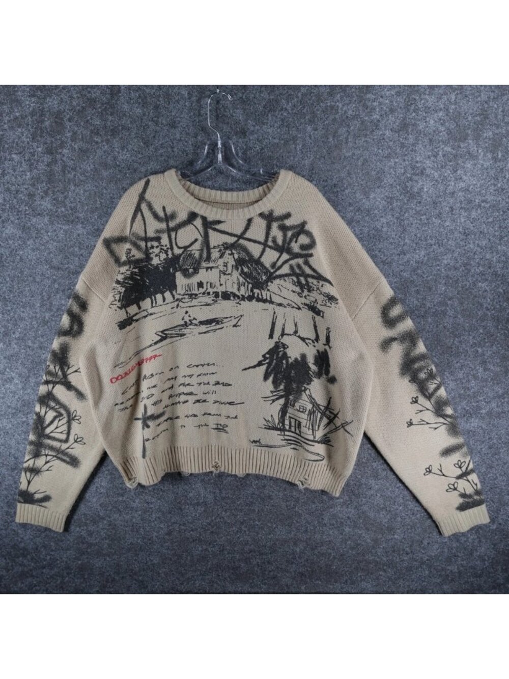 Pacsun Scrap The City Cropped Sweater Mens L Cream Comfort Streetwear Graphic